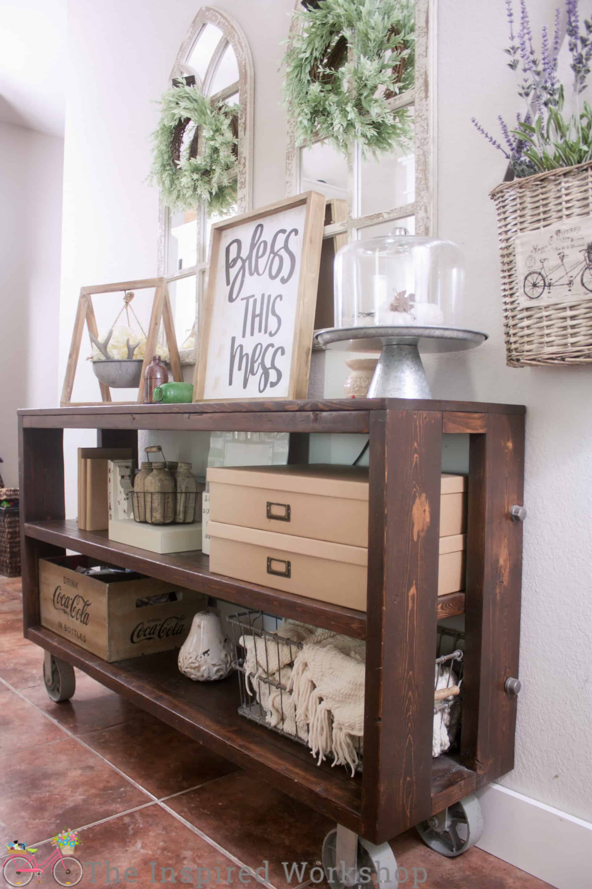 DIY console table decorated with farmhouse style white and gray with some natural brown