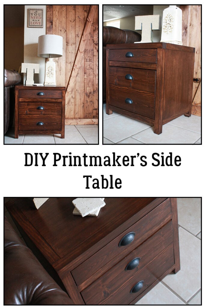 DIY printmaker's side table from different angles with drawer and door made to look like a bunch of small drawers