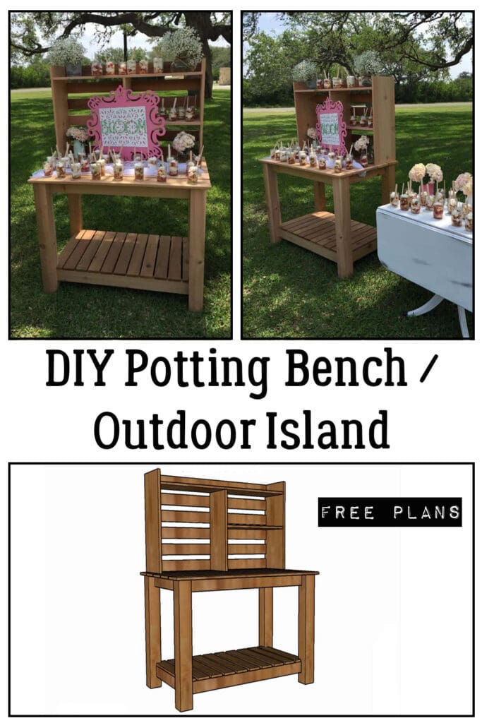 Collage of photos showing the potting bench being used as an outdoor island to serve parfait