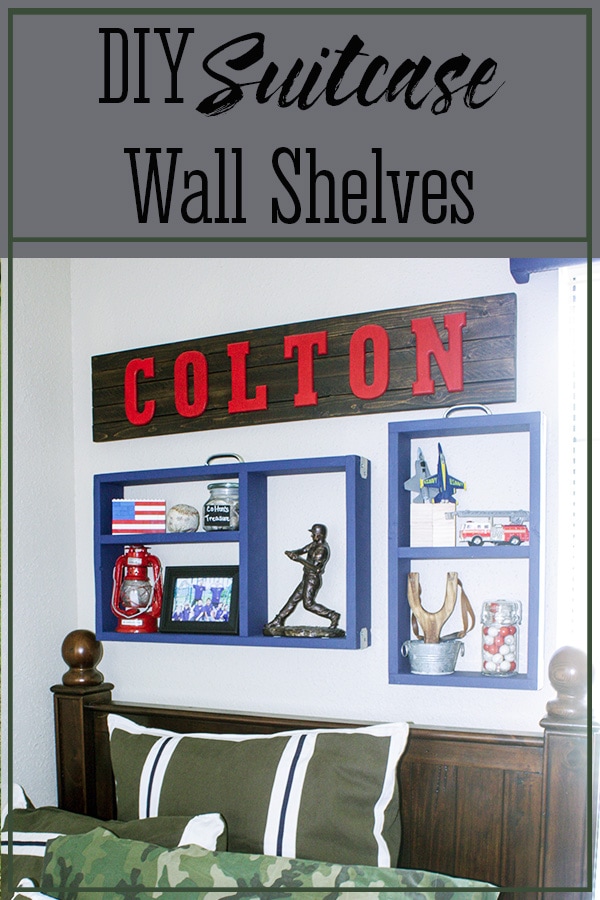 Suitcase Wall Shelves hanging on the wall painted blue with baseball decor, Americana decor, and other boy's toys