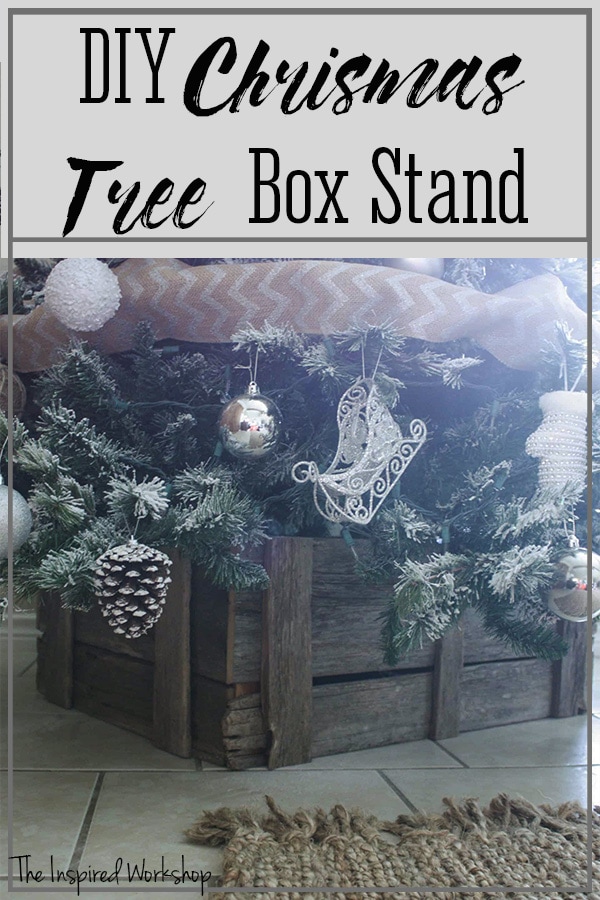 DIY Christmas Tree Box Stand made of old fence wood or barn wood! Looks like a worn old crate under the Christmas tree!