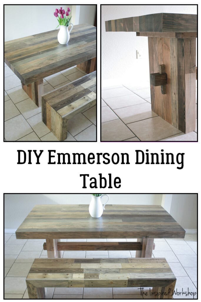 Collage of photos of the DIY Emmerson Dining Table from different angles and with the matching dining bench