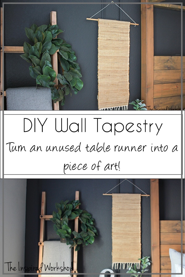 Collage of photos of the DIY wall tapestry hanging next to a bed from different angles
