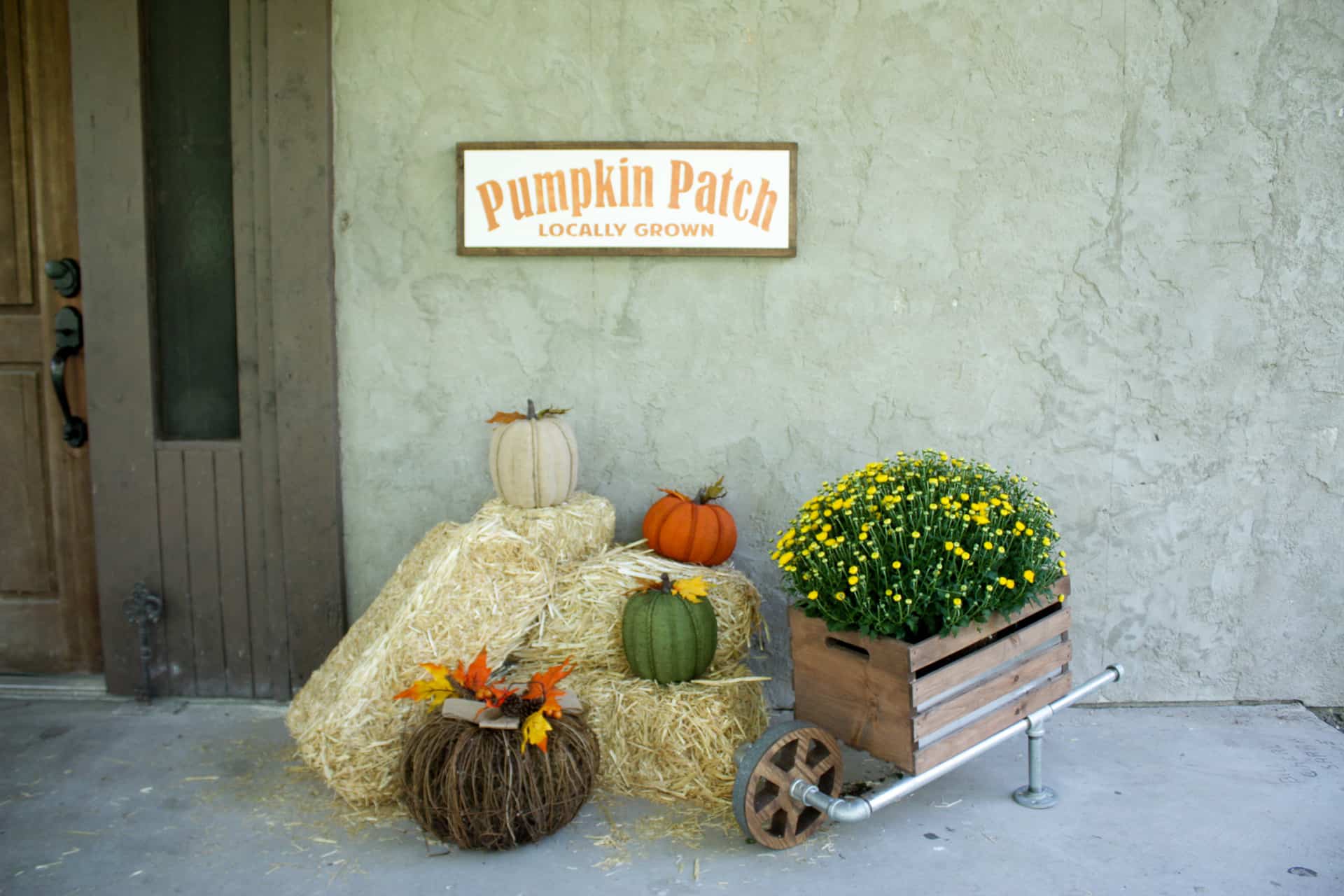Fall front porch with DIY Wooden Wheelbarrow