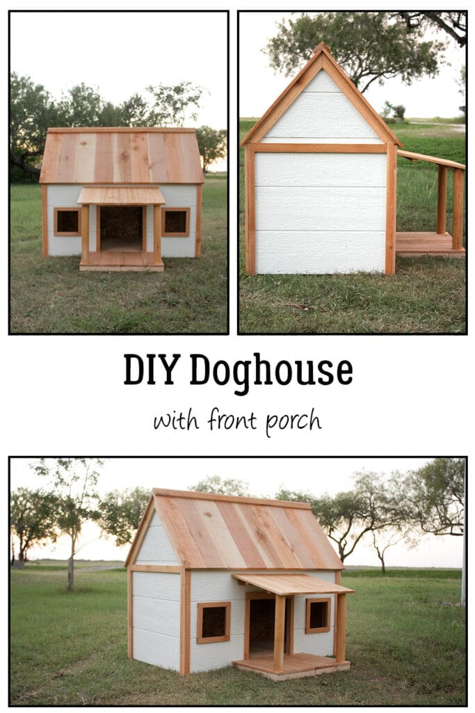 DIY Doghouse - Free plans to build your own doghouse! White and cedar makes this a farmhouse style doghouse