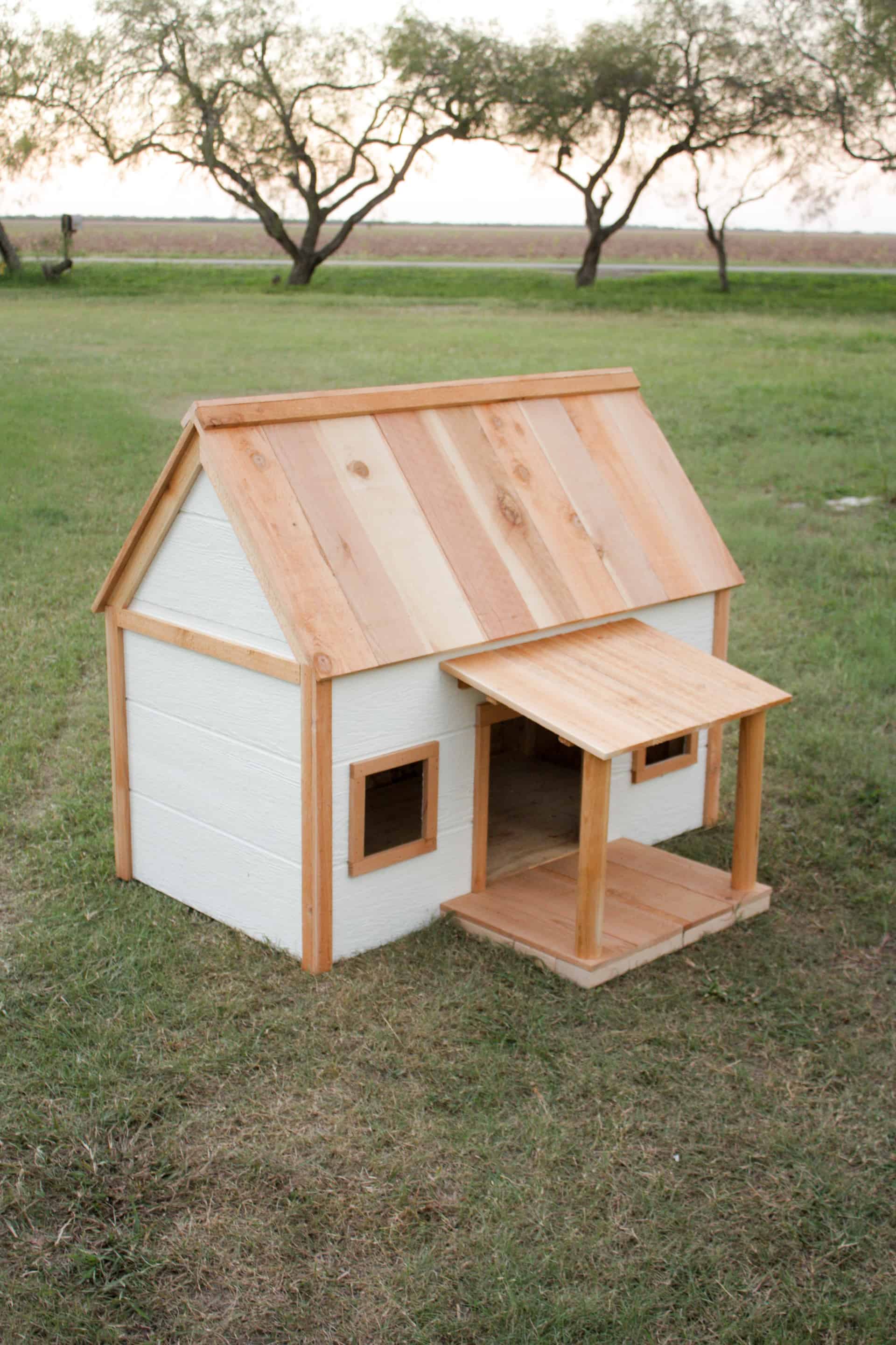 DIY white and cedar Doghouse with Porch