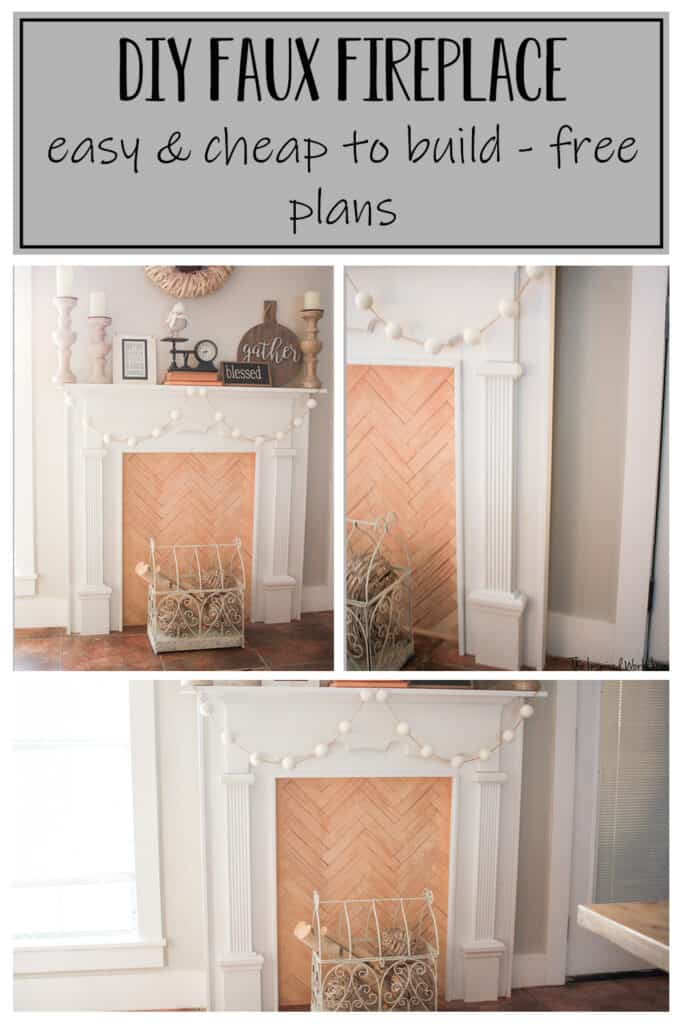 Collage of pictures of the DIY Faux Fireplace with up close pictures of the wood work of the fireplace
