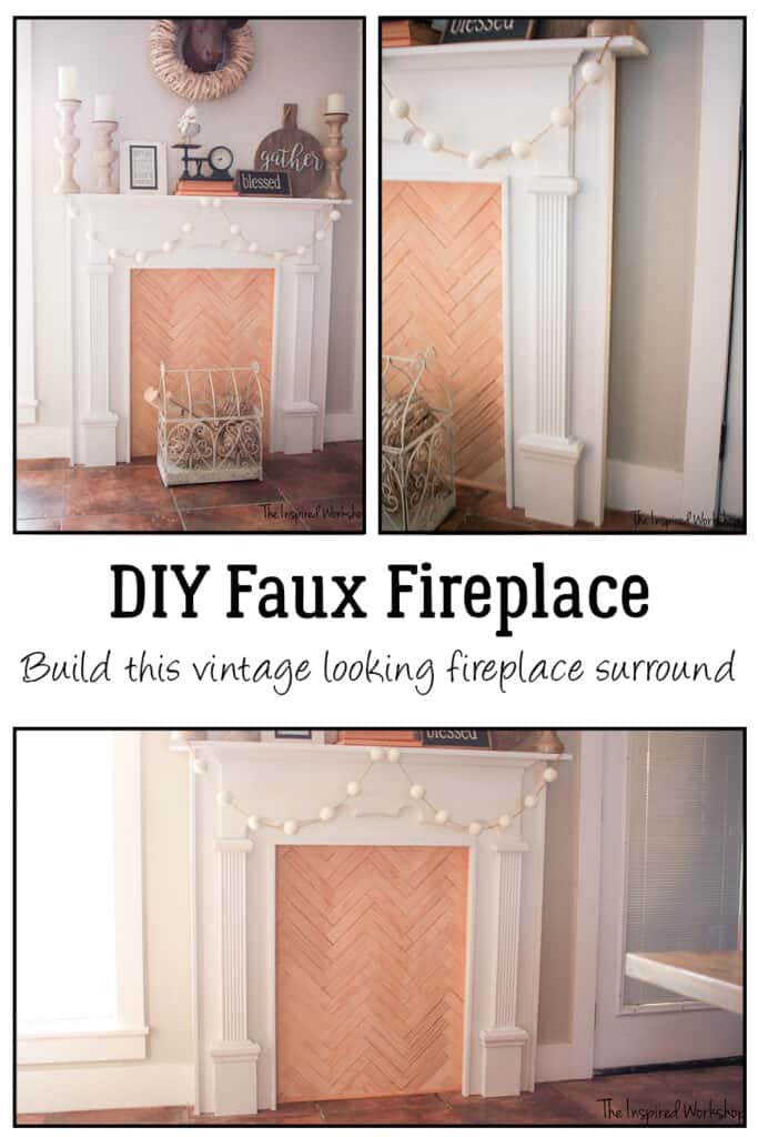 DIY Faux Fireplace collage of pictures of the fireplace decorated and highlighting the wood work on it
