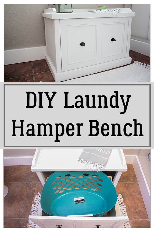 DIY Laundry Hamper Bench shown from the front and from the top to show the laundry basket