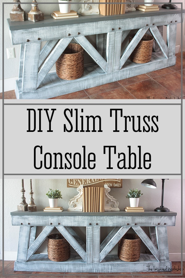 collage of pics of the slim console table from two different angles - table is gray and white with angled boards along the front