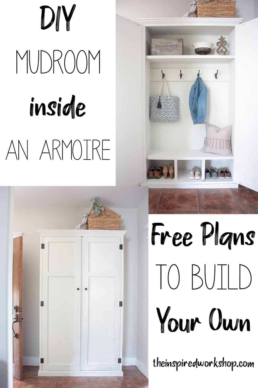 Pictures of a white armoire open and closed to show the mudroom bench and shelves that are built inside