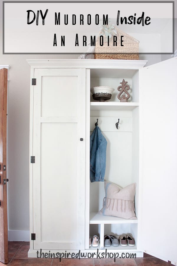 DIY Mudroom Inside an Armoire - This is the perfect solution if you love the mudroom look but are short on space or fear that your mudroom mess may not look as pretty as some staged photos online? Well this DIY mudroom inside an armoire is the perfect solution, just close the door on the mess when it gets out of hand! #entrywayorganizer #mudroom #diymudroom #entrywayfurniture