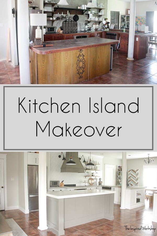 DIY Kitchen Island Makeover - before photo on top and after on bottom