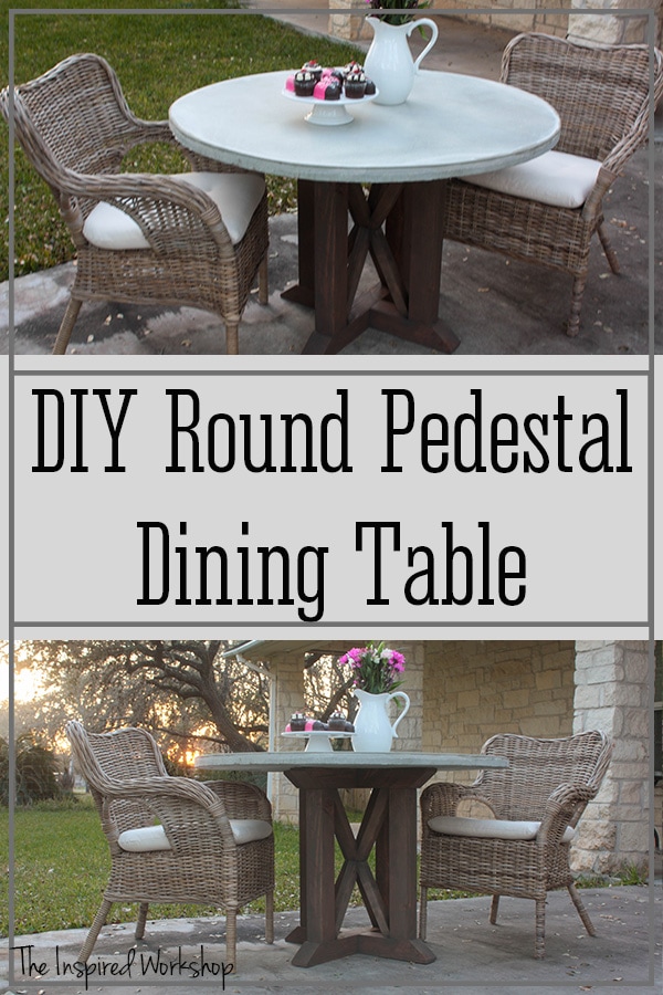 Round pedestal dining table outside with wicker chairs and cupcakes and flowers on the table