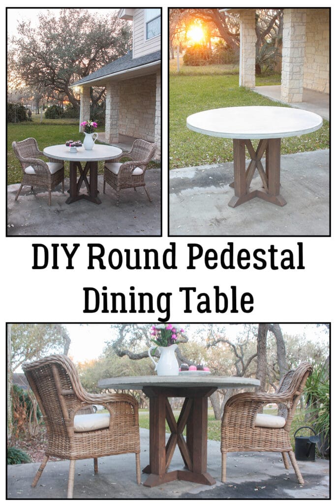 collage of photos of the round pedestal dining table from different angles