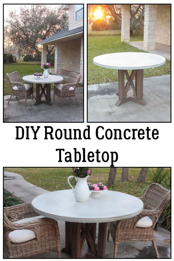 Collage of photos from different angles of the round concrete tabletop with words through the middle that says DIY round concrete tabletop