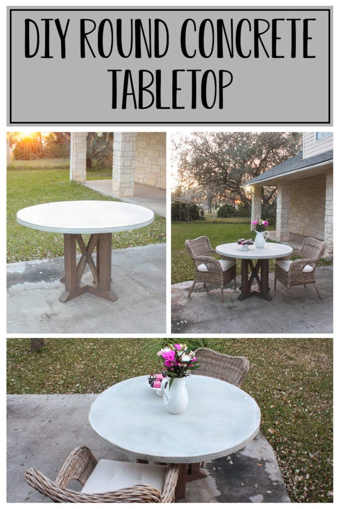 collage of photos of the pedestal table with round concrete tabletop