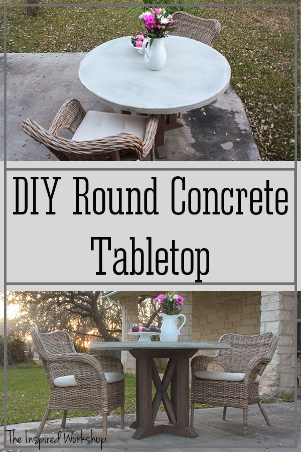 Two different angles of the pedestal table and concrete tabletop - the table has two wicker chairs and a pitcher with flowers sitting on it