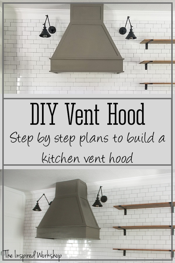 DIY vent hood from two different angles on the kitchen wall with subway tile and wood shelves