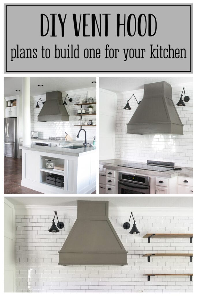 DIY Vent Hood - Gray kitchen vent hood with subway tile wall and white cabinets and concrete countertops