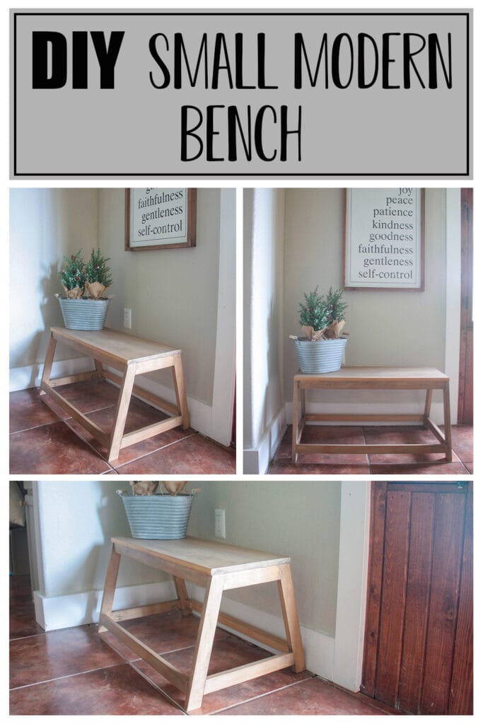 Collage of three different pictures of the small modern bench from different angles