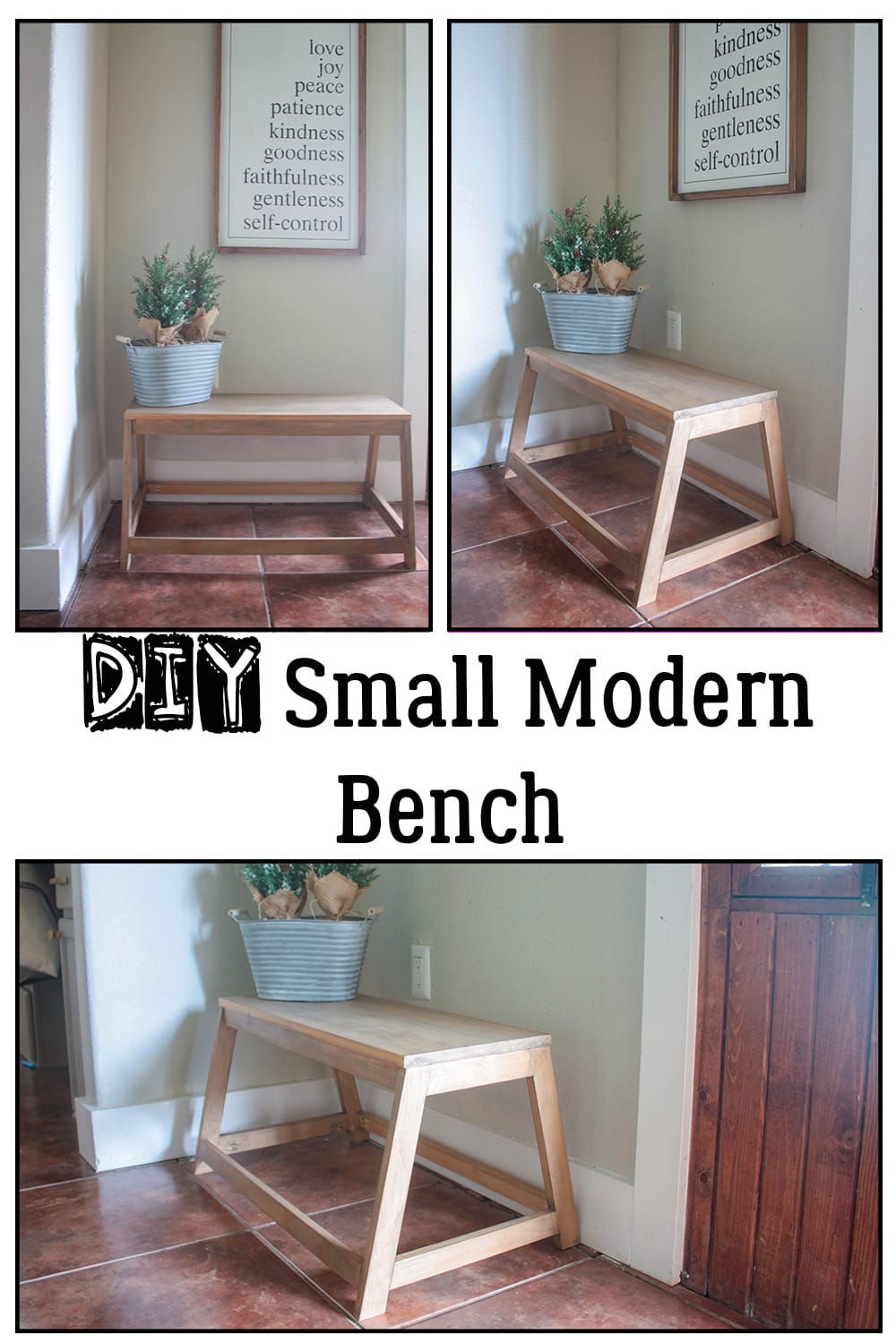Collage of pictures of the DIY Small modern bench from different angles
