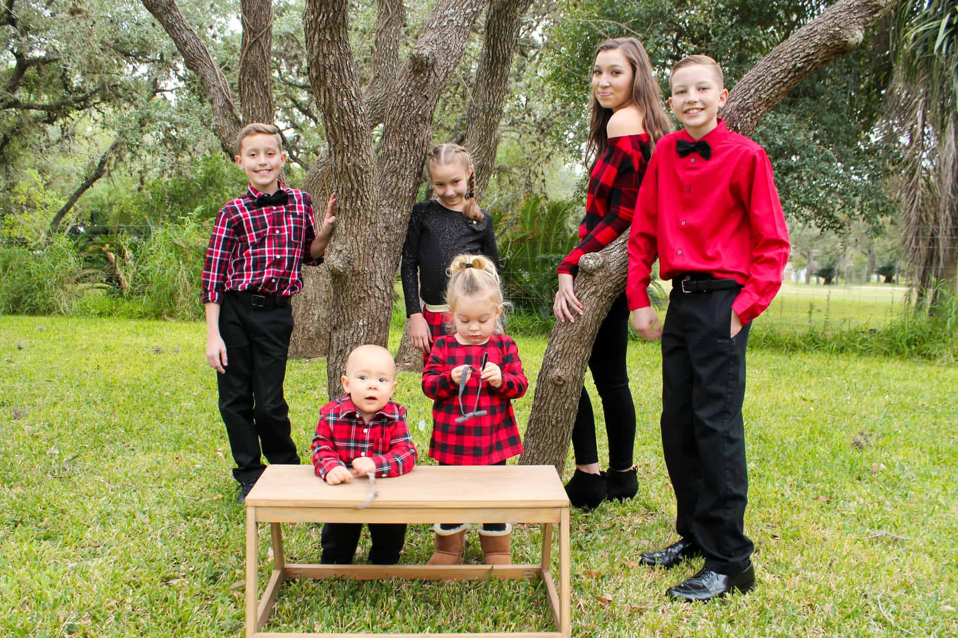 Kids wearing Buffalo plaid and standing around small modern bench for Christmas card photochristmas card