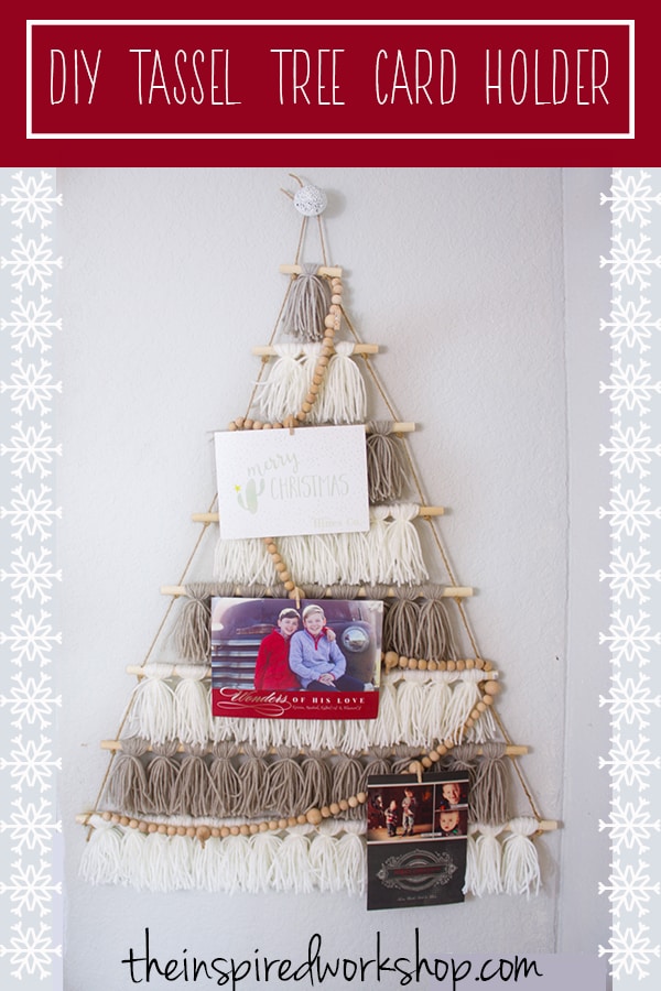 DIY Tree Card Holder Made of Tassels - Such a cute craft project to wrangle your Christmas cards and display them beautifully! Stay warm inside while creating this craft project this holiday season!