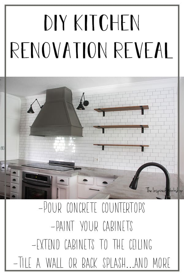 DIy Kitchen Renovation Reveal - This beautiful white and gray kitchen was transformed from an outdated brown on brown kitchen! The post contains links to all the how to information so you can acheive any part of this kitchen in your own home as well! Concrete countertops, painting kitchen cabinets, building a vent hood, extending the cabinets to the ceiling, it's all on the blog! You must see the before! #kitchenideas #kitchentransformation #kitcheninspiration #subwaytile #openshelving