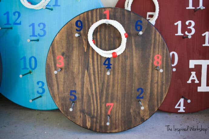 Small version DIY Ring Toss Game - stained dark walnut with red and blue numbers