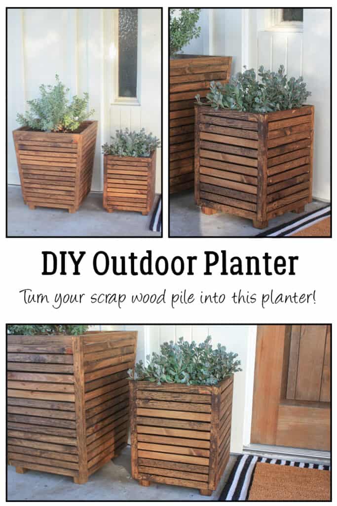 Collage of photos of the DIY Outdoor Planter sitting by the front door, there is a large and small planter with slats