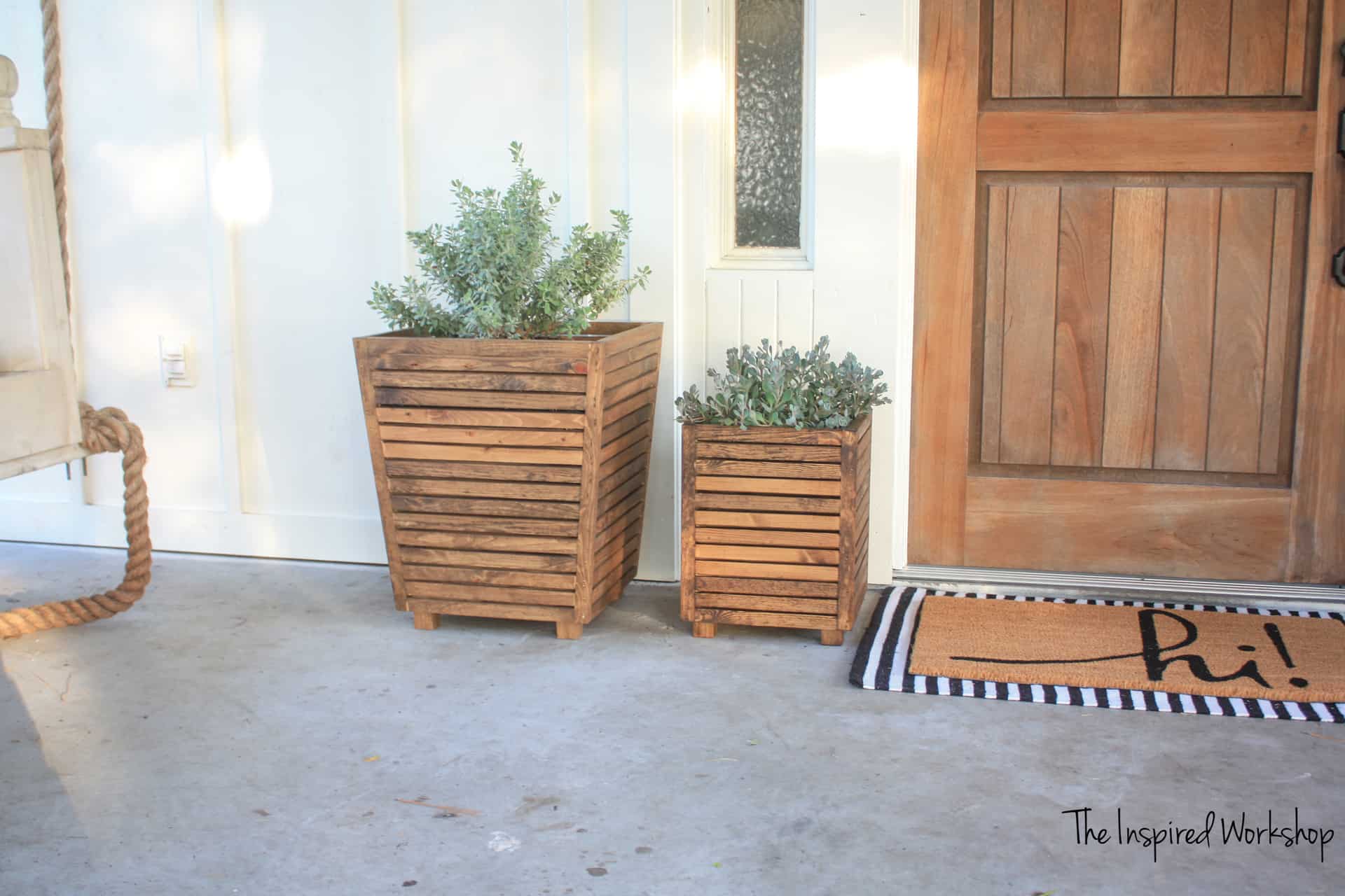 Front Porch Decor - Beautiful wooden planters by the front door!