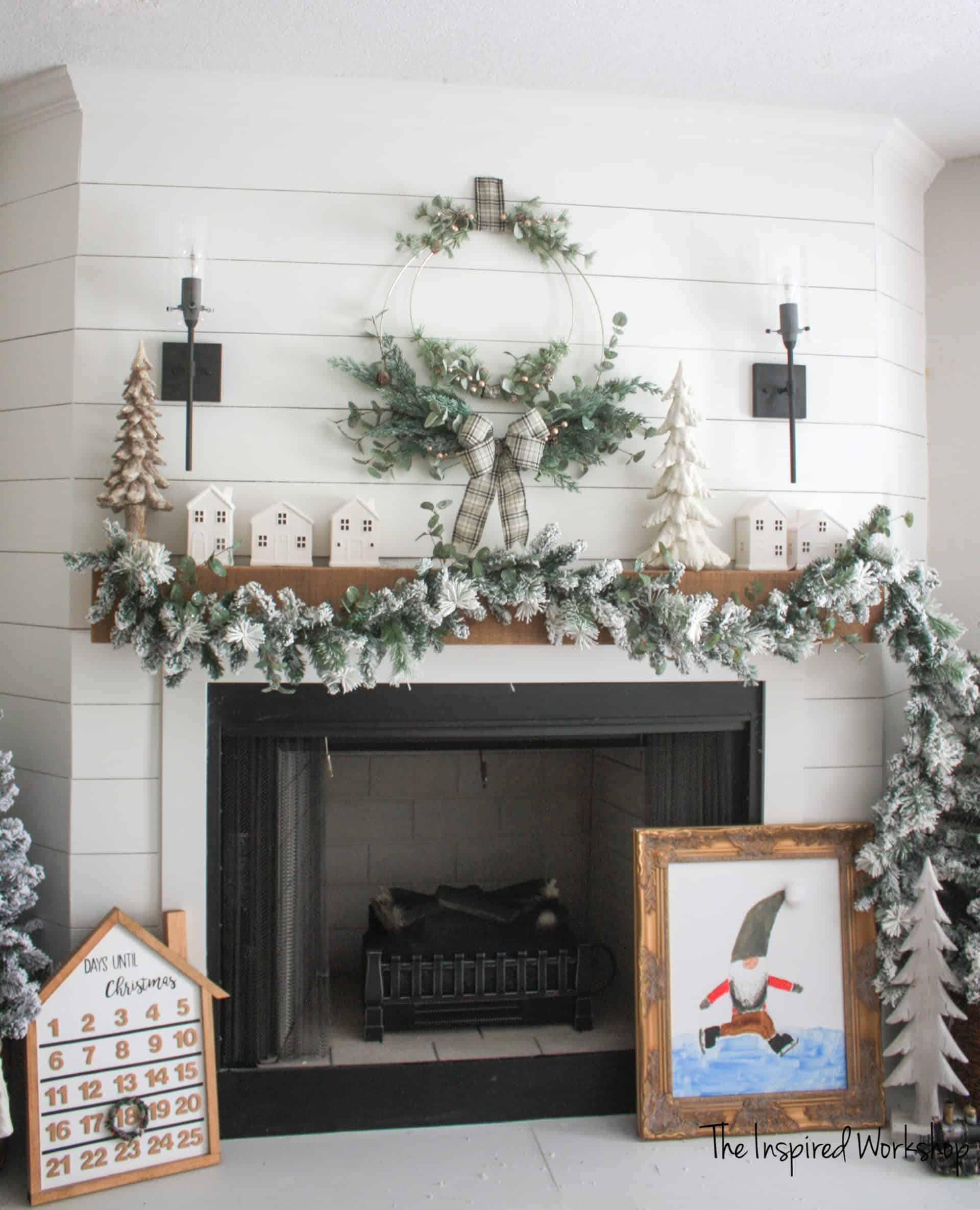 DIY WInter Christmas Wreath above mantel