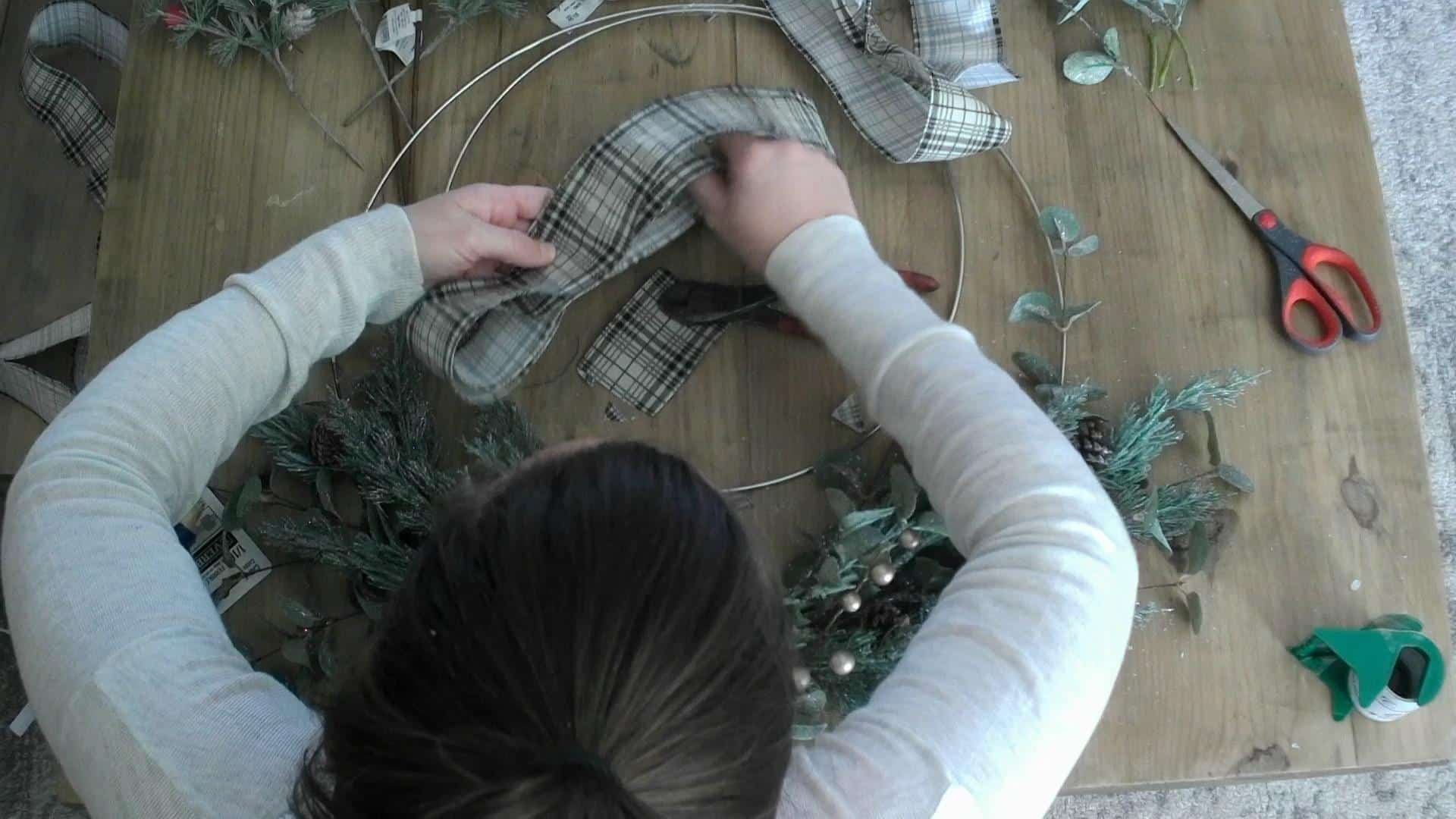 Making the bow for the DIY Christmas Wreath