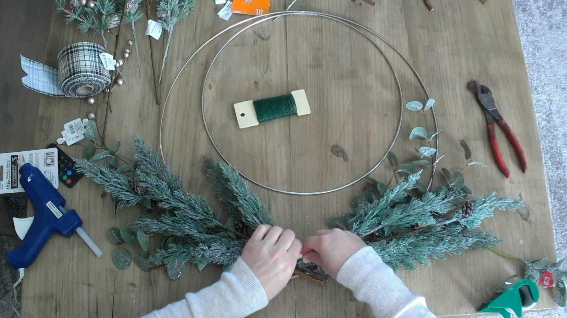 DIY winter wreath on metal hoop