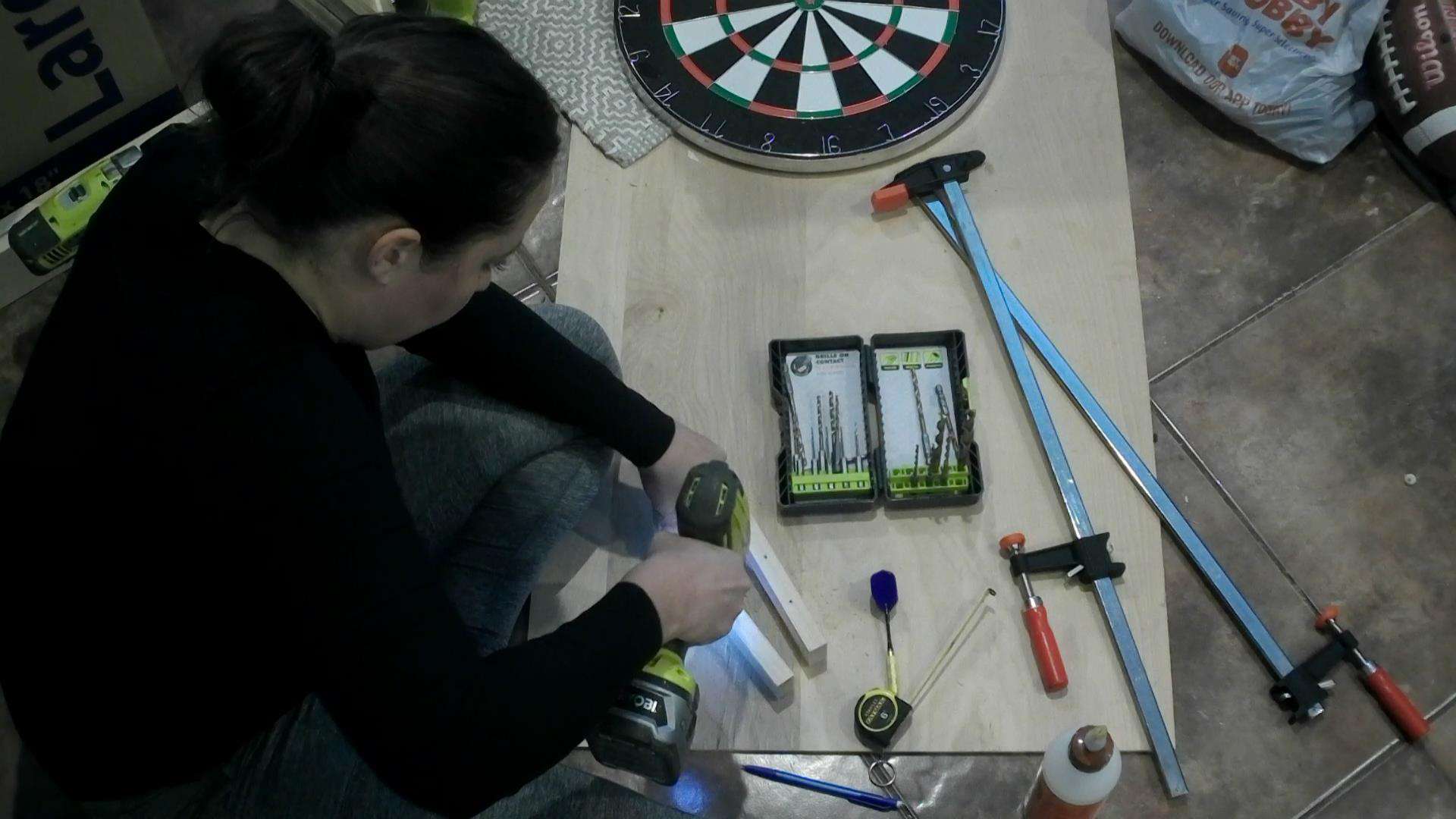 DIY Dartboard Cabinet - drilling thr holes for the darts