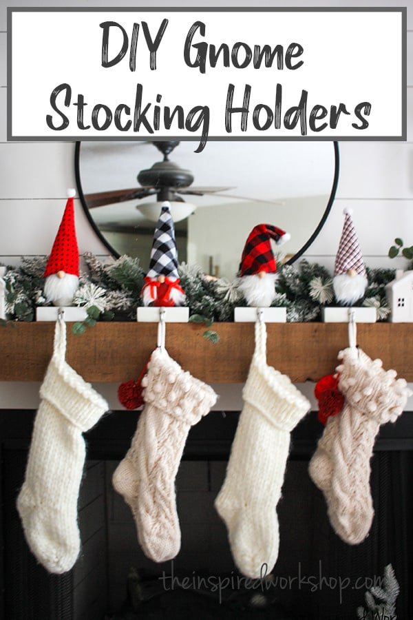 DIY Gnome Stocking Holders - Red and black plaid themed gnomes to hang your stockings from!