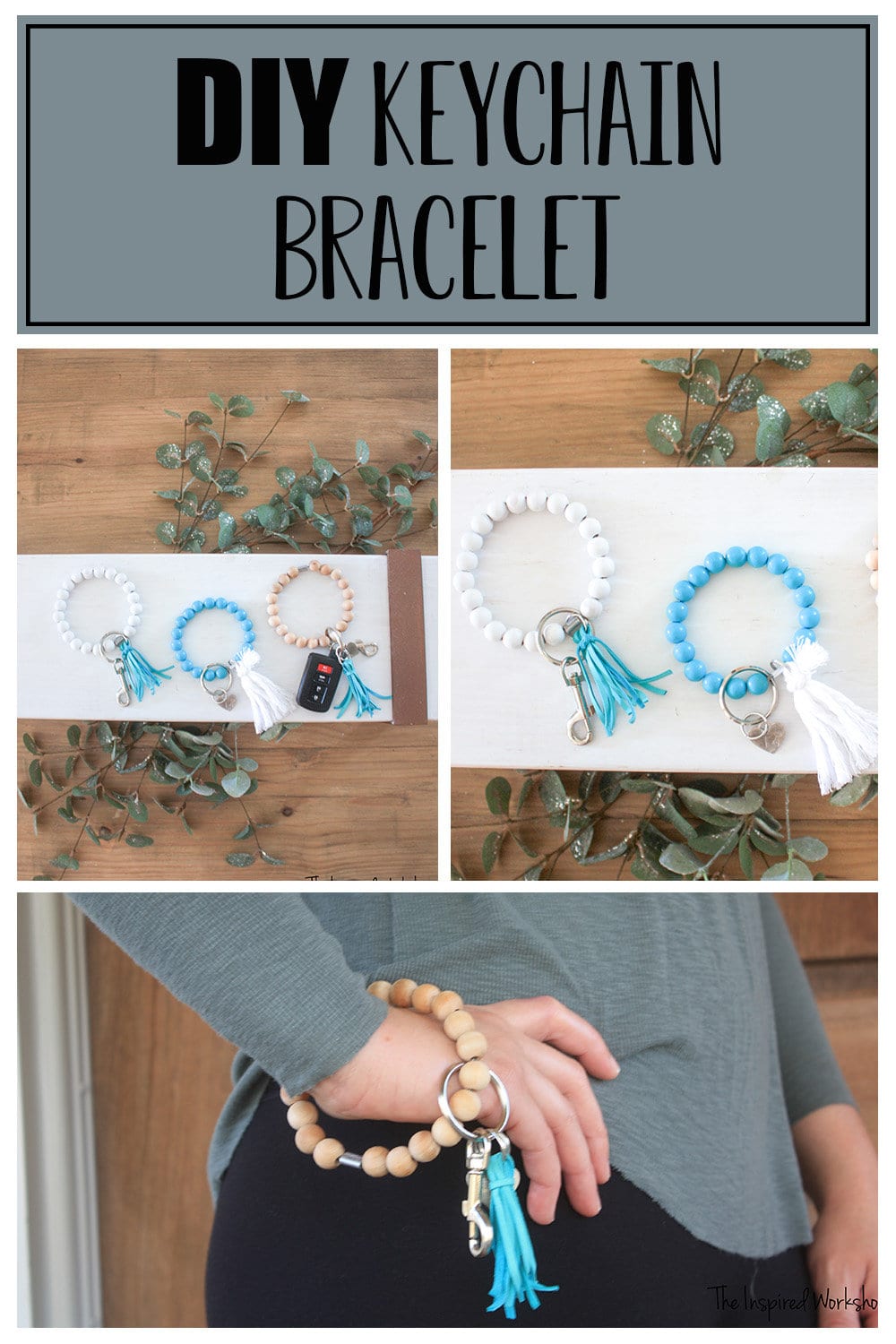 Cutest little DIY beaded keychain bracelet laying on the table and shown on a wrist
