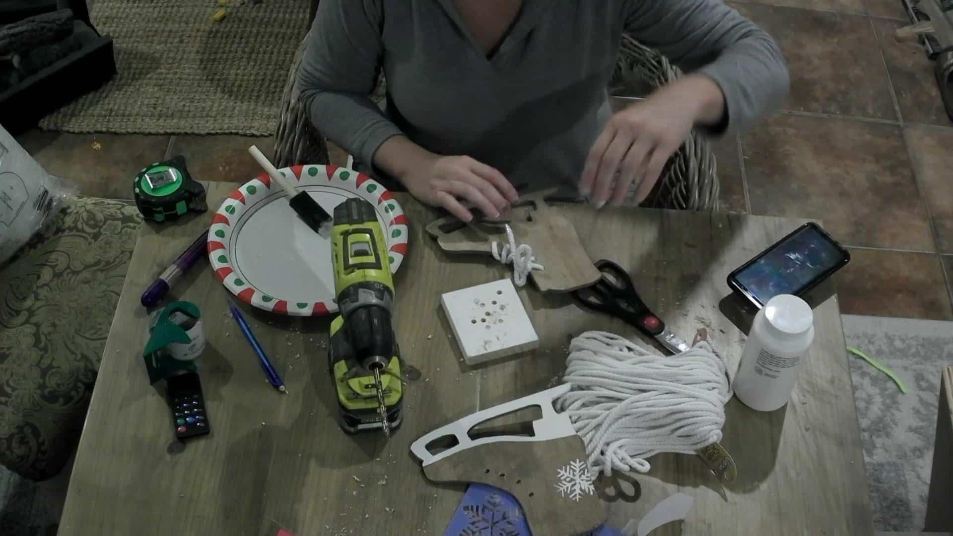 Tying the laces on the DIY Ice Skate Decor