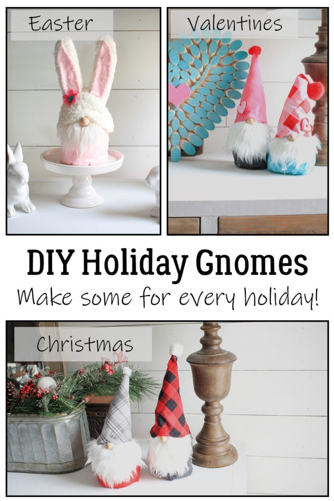 Collage of photos of the holiday gnomes, easter gnome, Valentines gnome, and Christmas gnomes