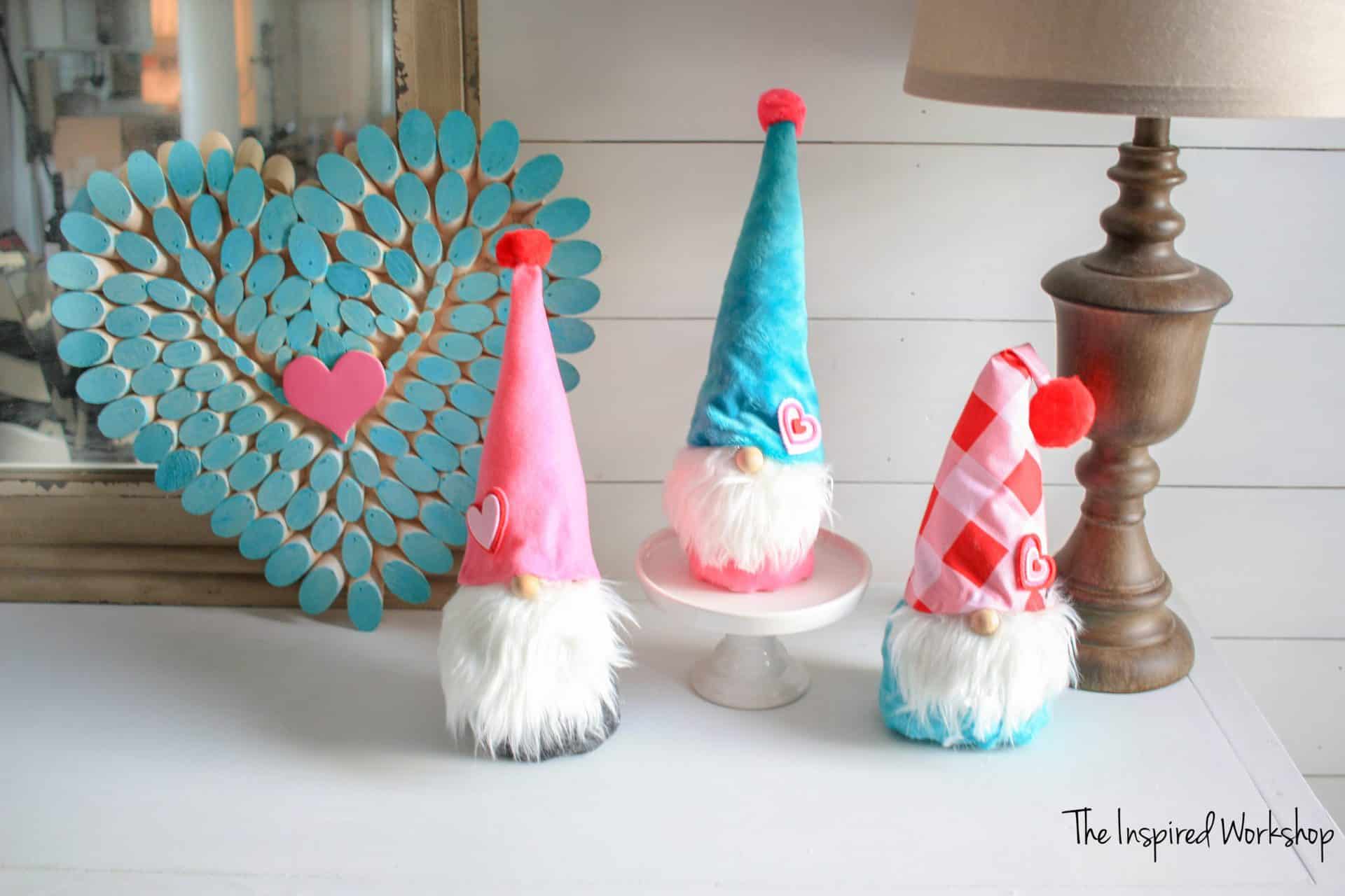 DIY Valentine Decor wooden heart made of dowel rods and DIY gnomes