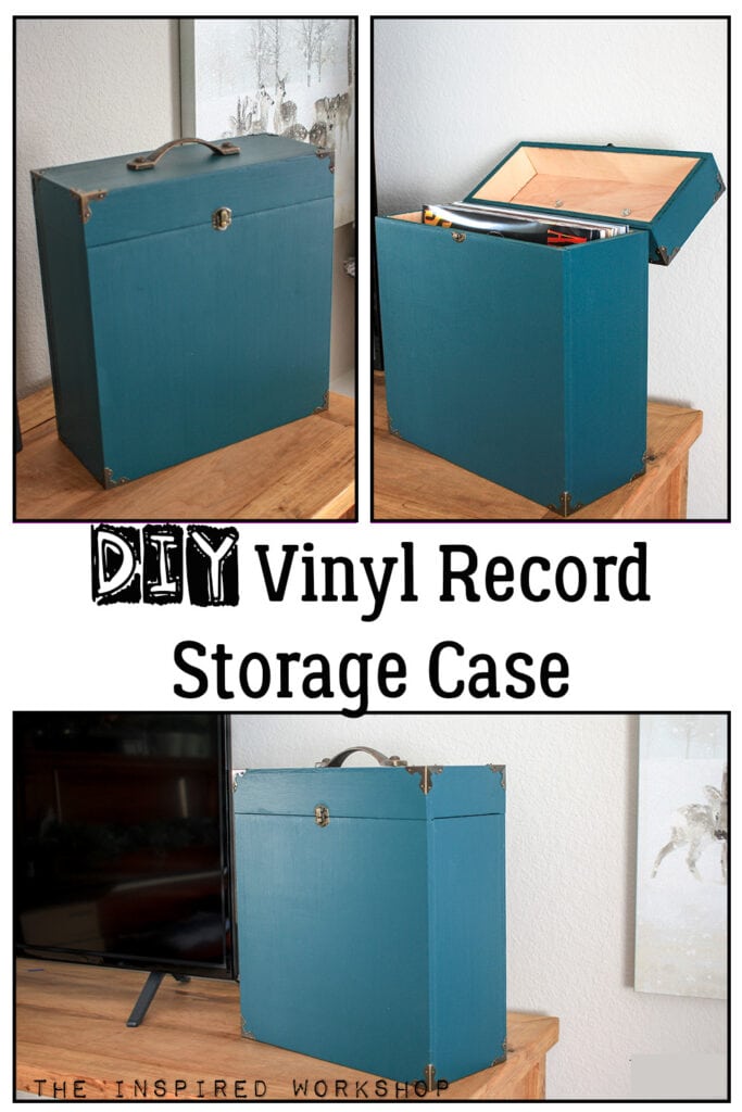 collage of pics of the vinyl record storage case from different angles and one is open