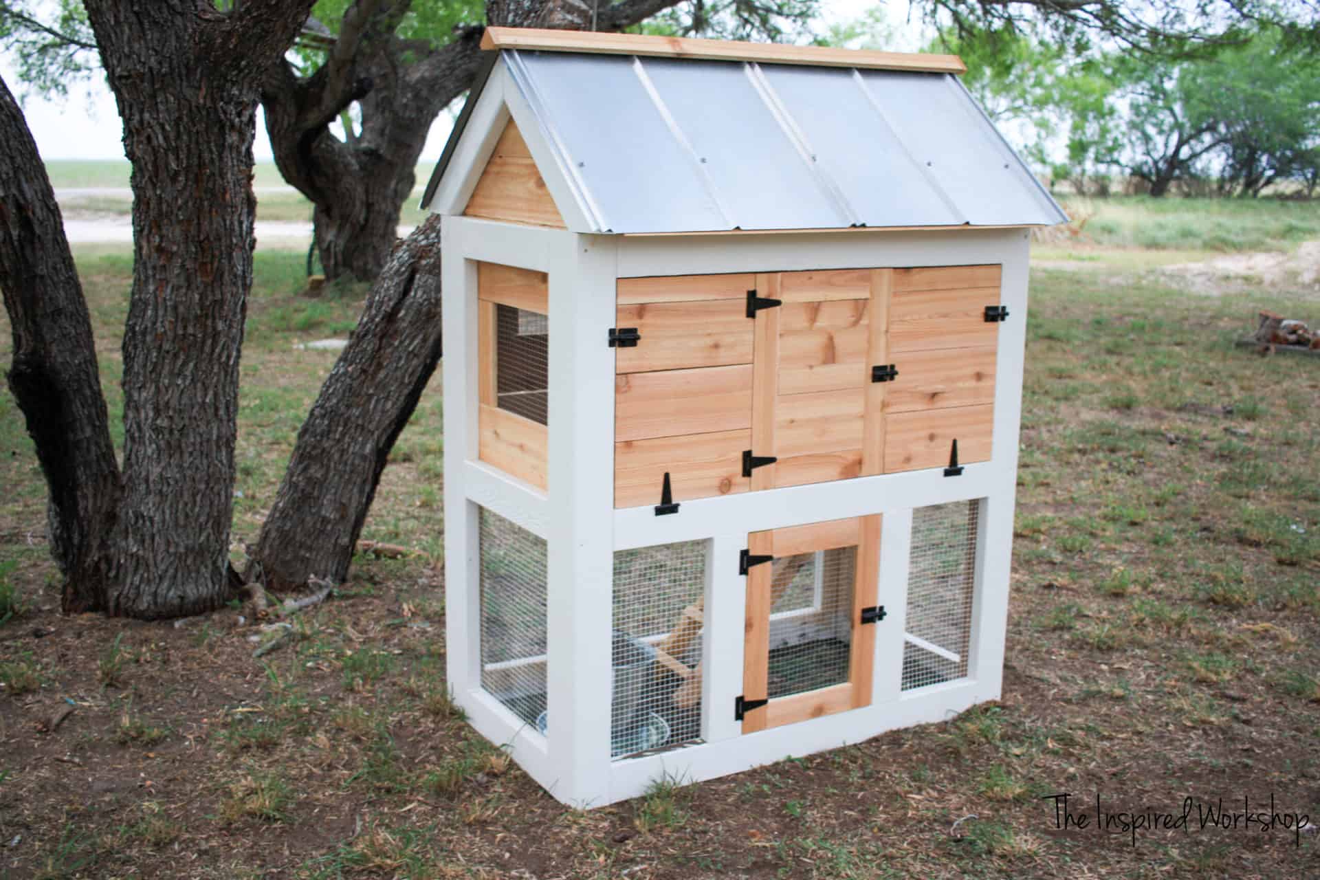 DIY Chicken Coop - small chicken coop with white frame and cedar accents and metal roof