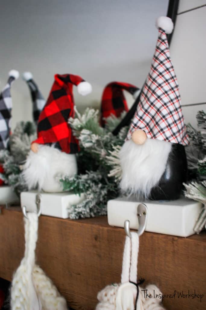 Concrete gnome stocking holders handmade - with black and red plaid hats
