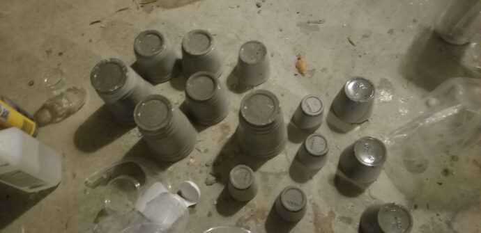 Concrete removed from all the cups sitting upside down waiting to be turned into trees!