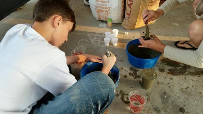 pouring the concrete into the cups to make the DIY christmas trees