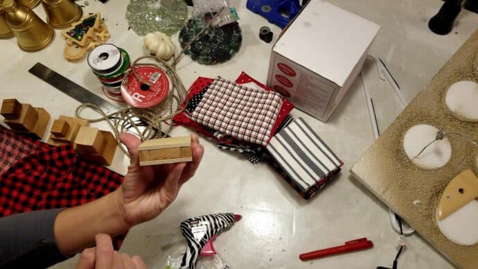 Making the DIY gift bag ornament - showing which wood pieces make up the bag