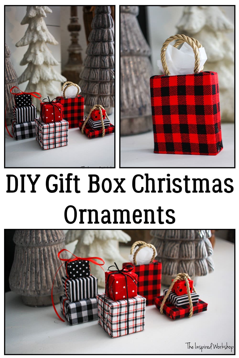 Collage of photos of the gift box christmas ornaments