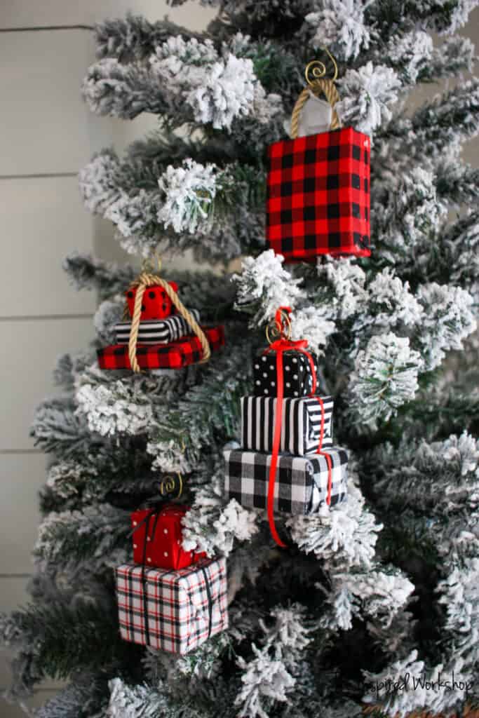 DIY Chirstmas Ornaments - Christmas ornaments made to look like stacked gift boxes and a gift bag ornament 