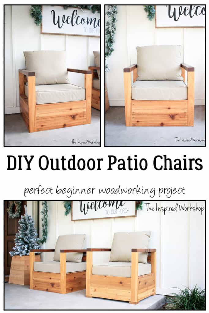 DIY Outdoor Patio Chairs - Beautiful cedar chairs handmade with tan cushions and white walls behind - collage of multiple shots of the same chair